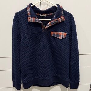 Navy Quilted Women’s Sweater with Plaid Accents size M